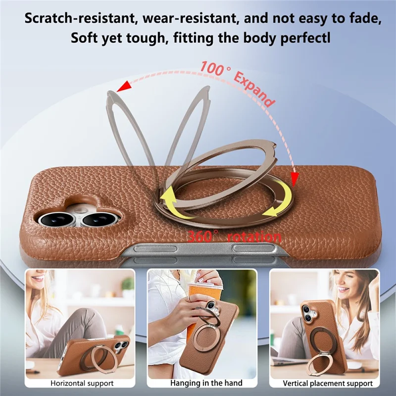 For iPhone 17 Magnetic Case PC PU Phone Cover with 360 Rotating Ring Kickstand - Brown