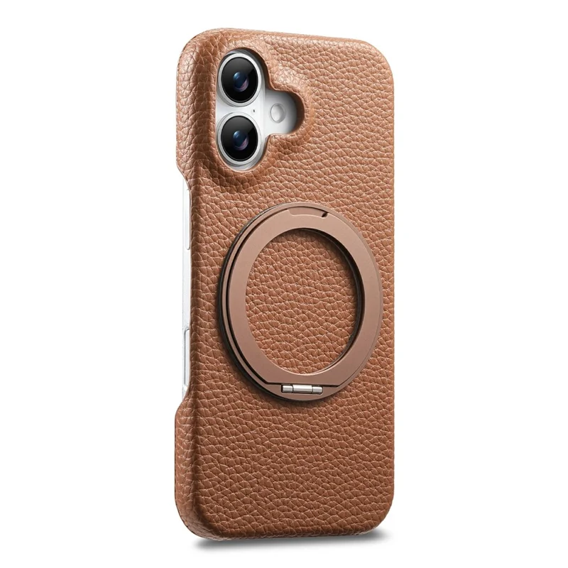For iPhone 17 Magnetic Case PC PU Phone Cover with 360 Rotating Ring Kickstand - Brown