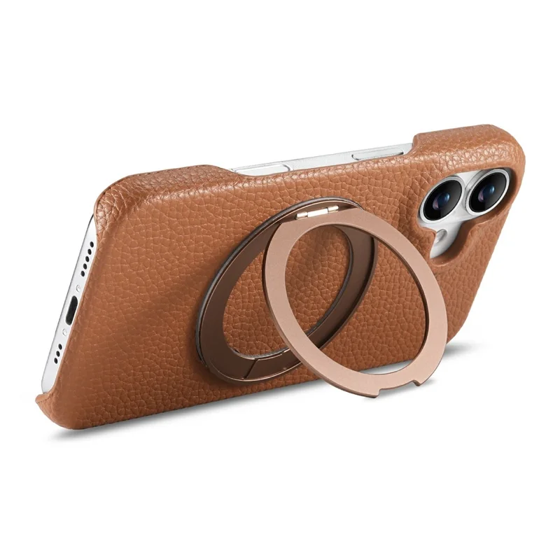 For iPhone 17 Magnetic Case PC PU Phone Cover with 360 Rotating Ring Kickstand - Brown
