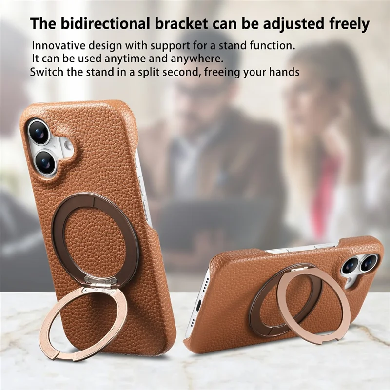 For iPhone 17 Magnetic Case PC PU Phone Cover with 360 Rotating Ring Kickstand - Brown