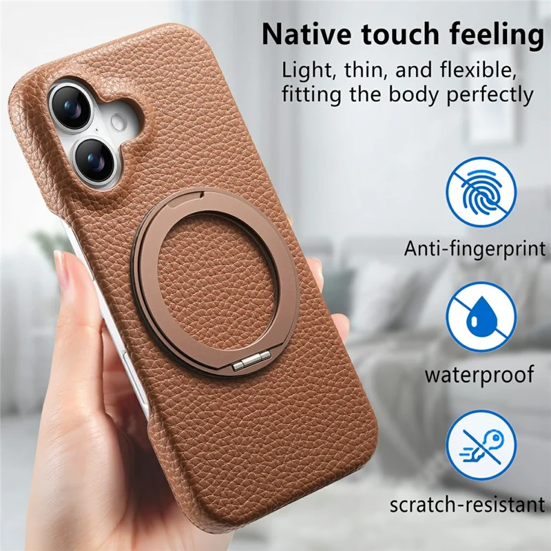 For iPhone 17 Magnetic Case PC PU Phone Cover with 360 Rotating Ring Kickstand - Brown