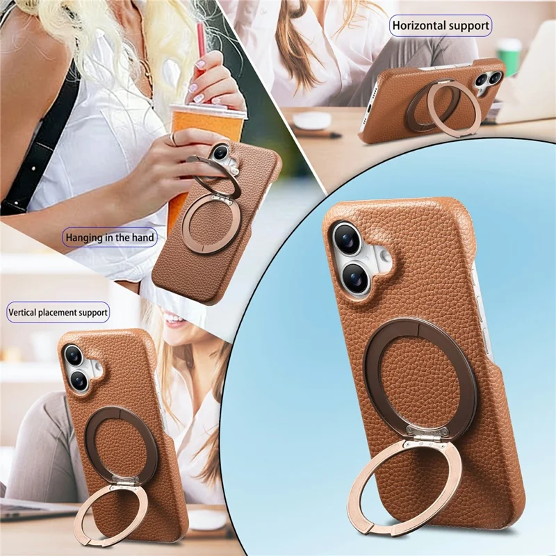 For iPhone 17 Magnetic Case PC PU Phone Cover with 360 Rotating Ring Kickstand - Brown