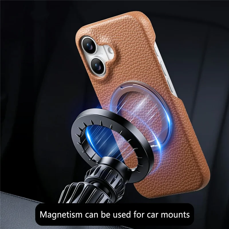 For iPhone 17 Magnetic Case PC PU Phone Cover with 360 Rotating Ring Kickstand - Brown