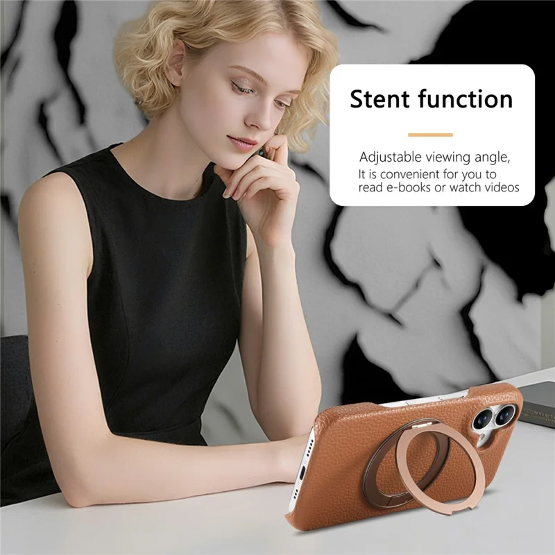 For iPhone 16 Magnetic Case PC PU Phone Cover with 360 Rotating Ring Kickstand - Brown