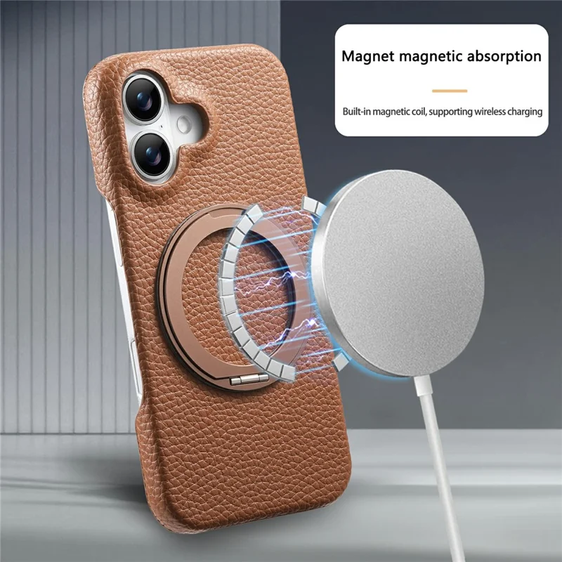 For iPhone 16 Magnetic Case PC PU Phone Cover with 360 Rotating Ring Kickstand - Brown