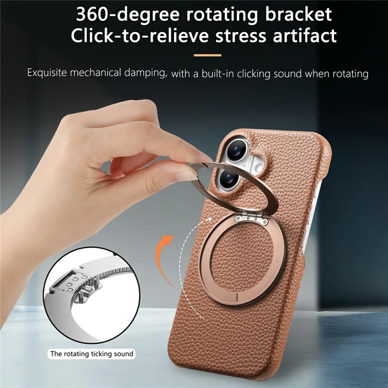 For iPhone 16 Magnetic Case PC PU Phone Cover with 360 Rotating Ring Kickstand - Brown