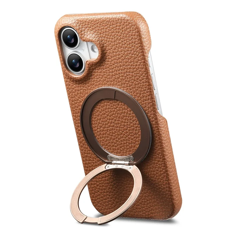 For iPhone 16 Magnetic Case PC PU Phone Cover with 360 Rotating Ring Kickstand - Brown