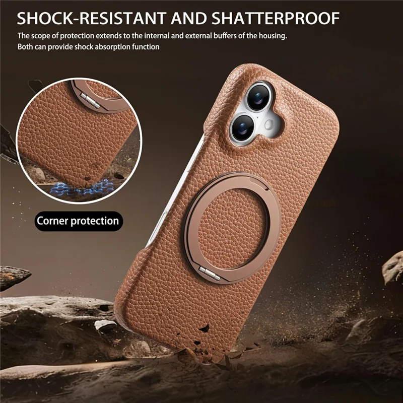For iPhone 16 Magnetic Case PC PU Phone Cover with 360 Rotating Ring Kickstand - Brown