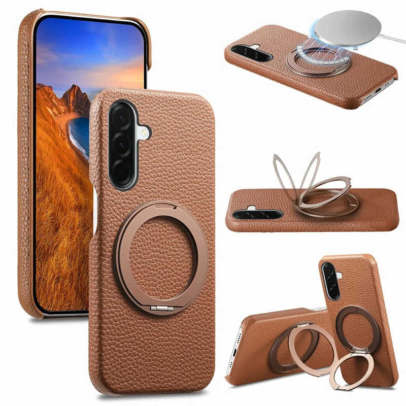 For Samsung Galaxy A57 5G Magnetic Case PC PU Phone Cover with 360 Rotating Ring Kickstand - Brown