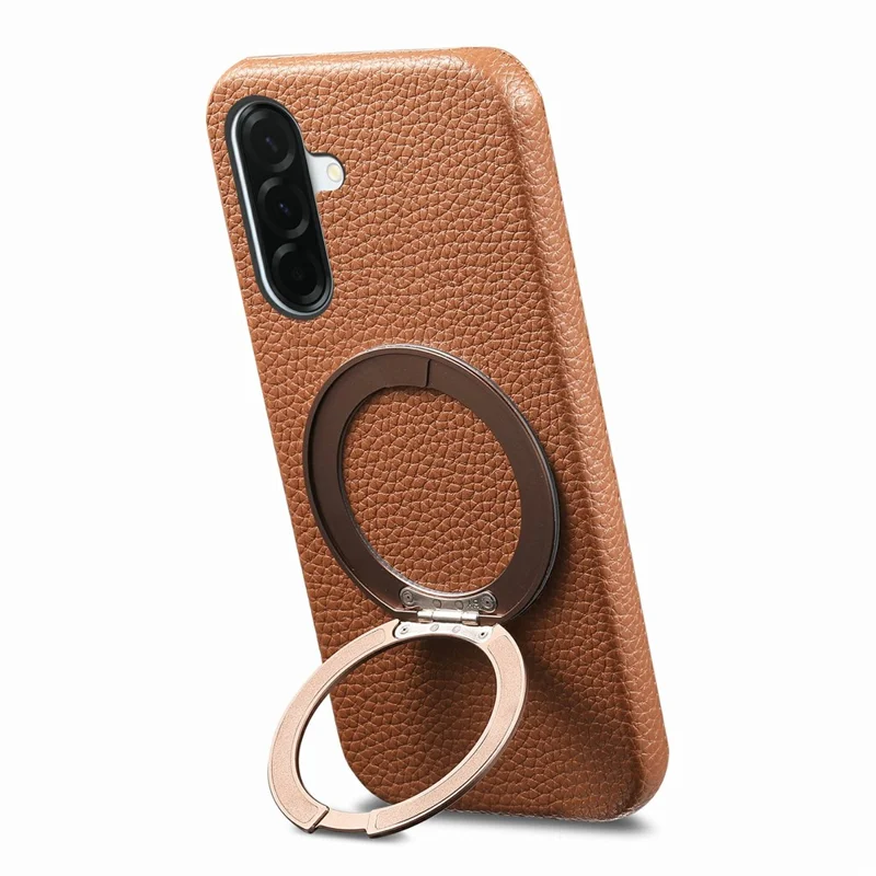 For Samsung Galaxy A57 5G Magnetic Case PC PU Phone Cover with 360 Rotating Ring Kickstand - Brown