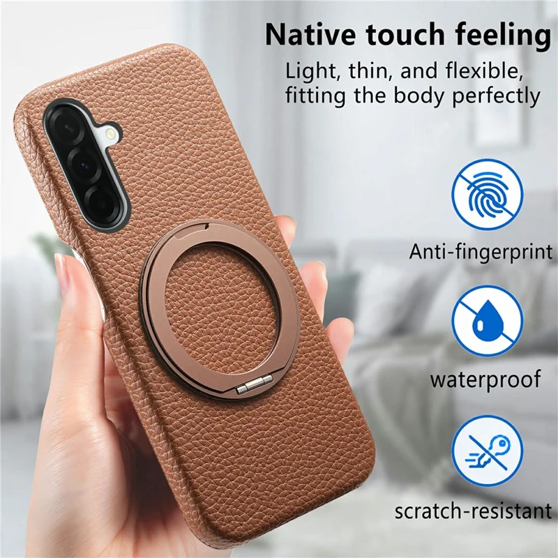For Samsung Galaxy A57 5G Magnetic Case PC PU Phone Cover with 360 Rotating Ring Kickstand - Brown