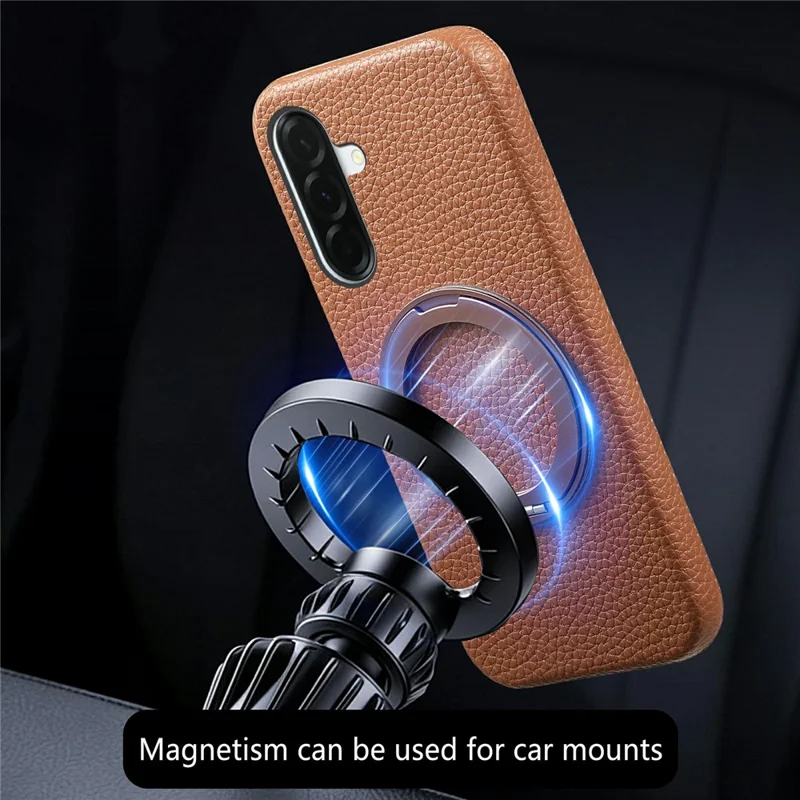 For Samsung Galaxy A56 5G Magnetic Case PC PU Phone Cover with 360 Rotating Ring Kickstand - Brown