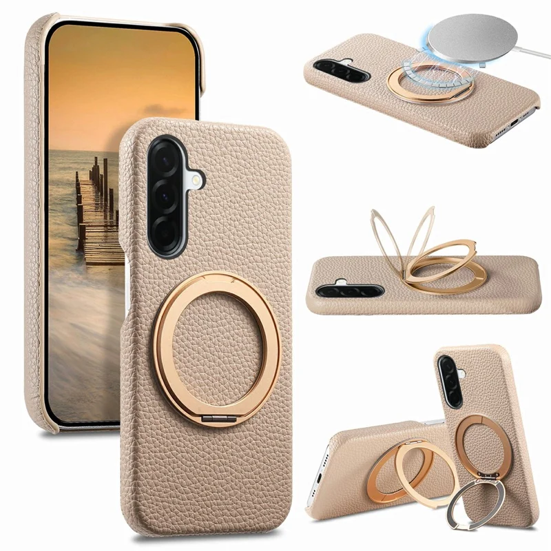 For Samsung Galaxy A36 5G Magnetic Case PC PU Phone Cover with 360 Rotating Ring Kickstand - Khaki