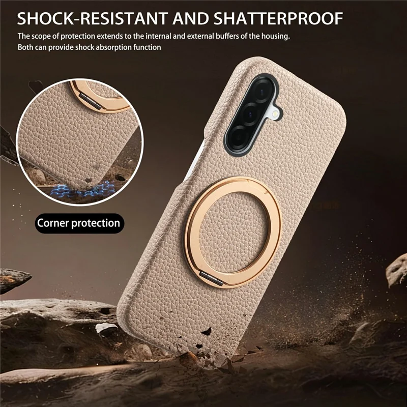 For Samsung Galaxy A36 5G Magnetic Case PC PU Phone Cover with 360 Rotating Ring Kickstand - Khaki