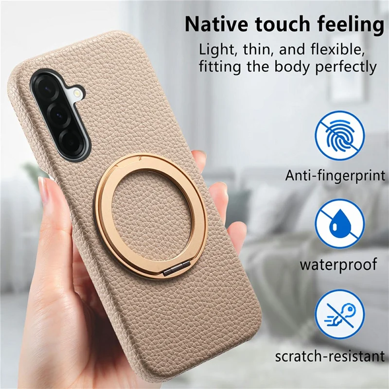 For Samsung Galaxy A36 5G Magnetic Case PC PU Phone Cover with 360 Rotating Ring Kickstand - Khaki