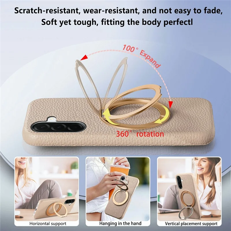 For Samsung Galaxy A36 5G Magnetic Case PC PU Phone Cover with 360 Rotating Ring Kickstand - Khaki