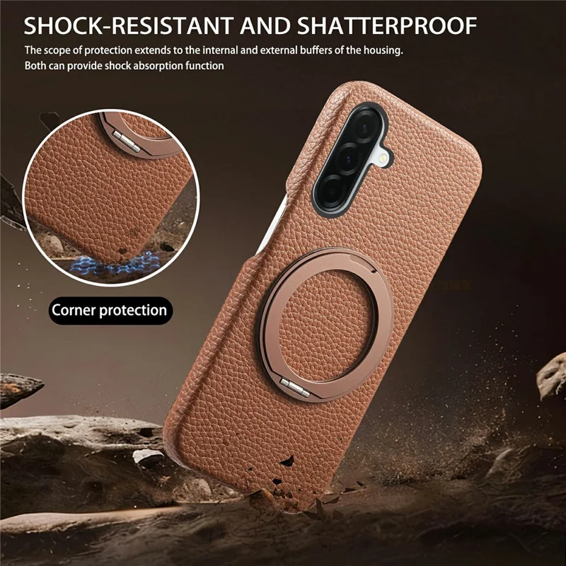 For Samsung Galaxy A26 5G Magnetic Case PC PU Phone Cover with 360 Rotating Ring Kickstand - Brown