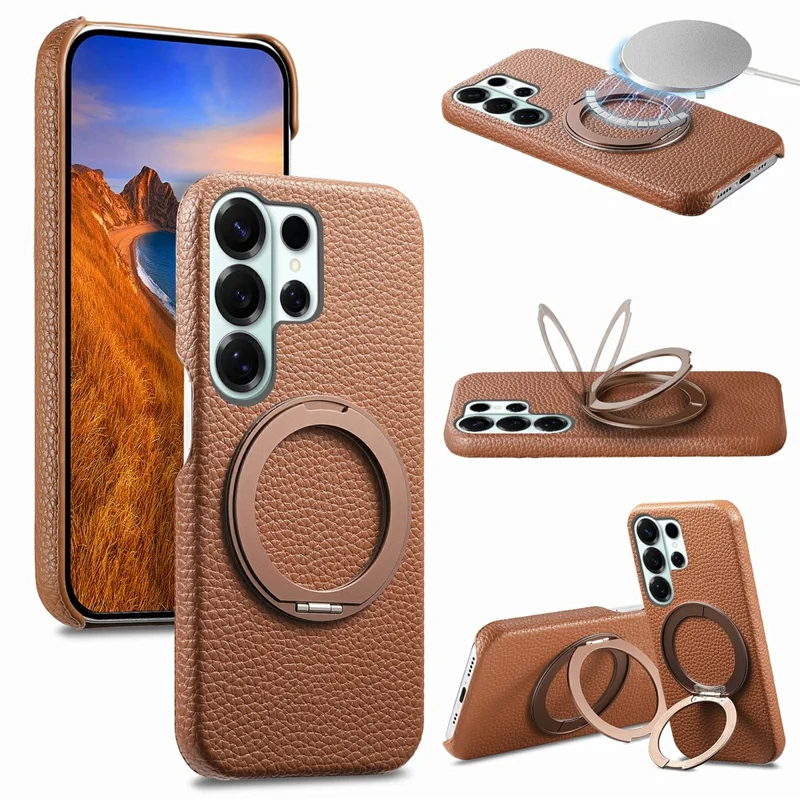 For Samsung Galaxy S26 Ultra Magnetic Case PC PU Phone Cover with 360 Rotating Ring Kickstand - Brown