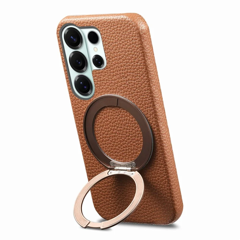 For Samsung Galaxy S26 Ultra Magnetic Case PC PU Phone Cover with 360 Rotating Ring Kickstand - Brown
