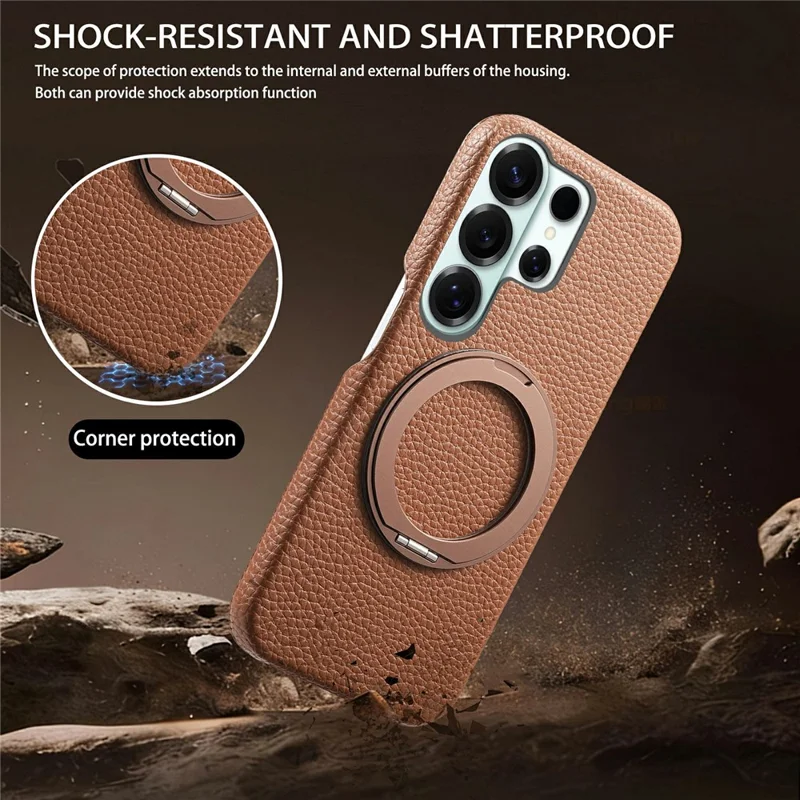 For Samsung Galaxy S26 Ultra Magnetic Case PC PU Phone Cover with 360 Rotating Ring Kickstand - Brown