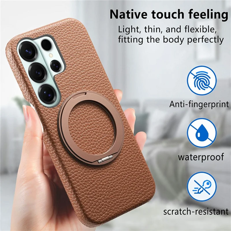For Samsung Galaxy S26 Ultra Magnetic Case PC PU Phone Cover with 360 Rotating Ring Kickstand - Brown