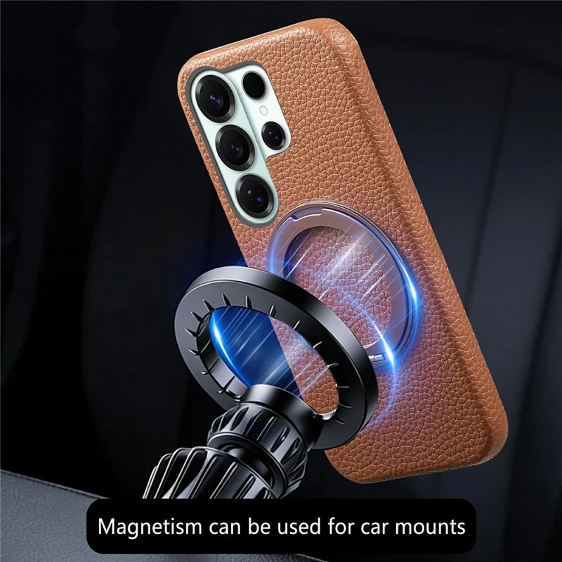 For Samsung Galaxy S26 Ultra Magnetic Case PC PU Phone Cover with 360 Rotating Ring Kickstand - Brown