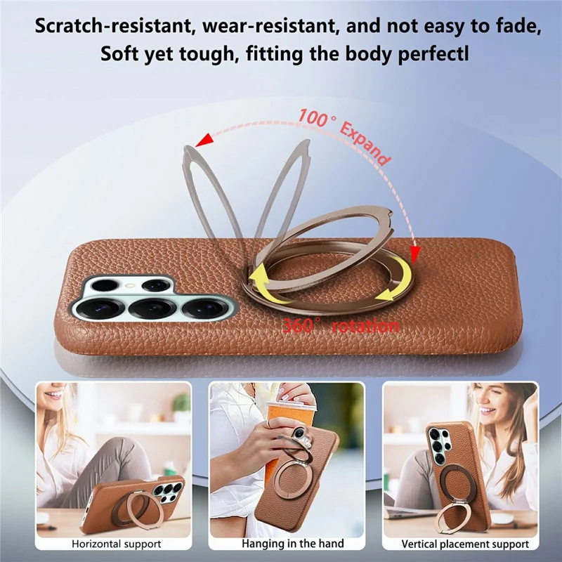 For Samsung Galaxy S26 Ultra Magnetic Case PC PU Phone Cover with 360 Rotating Ring Kickstand - Brown