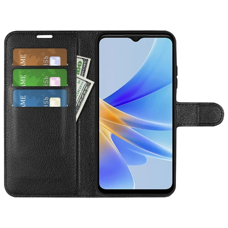 Pour Oppo A17 4G / A17k 4G PU cuir debout portefeuille téléphone portable couverture flip anti-poussière texture de litchi cas de téléphone - Noir