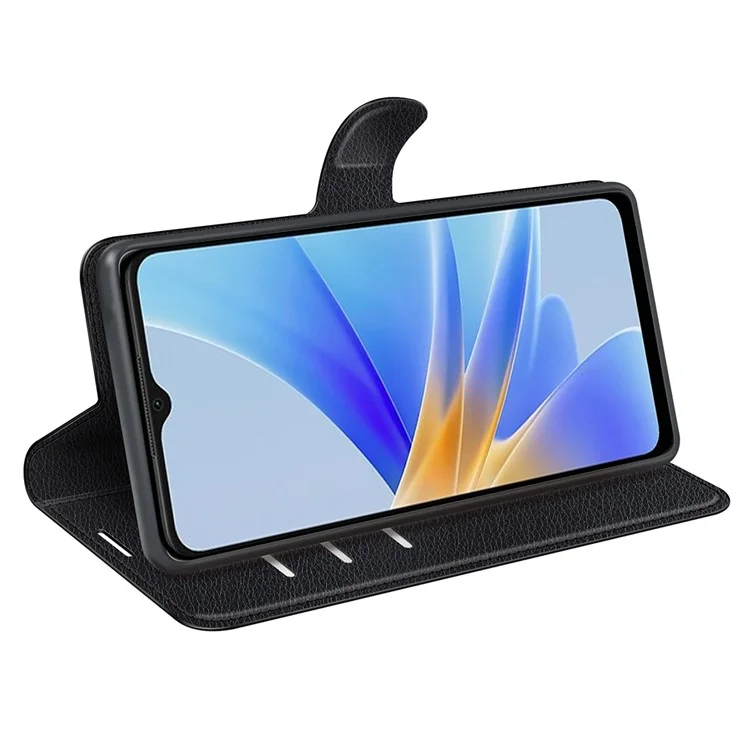 Pour Oppo A17 4G / A17k 4G PU cuir debout portefeuille téléphone portable couverture flip anti-poussière texture de litchi cas de téléphone - Noir