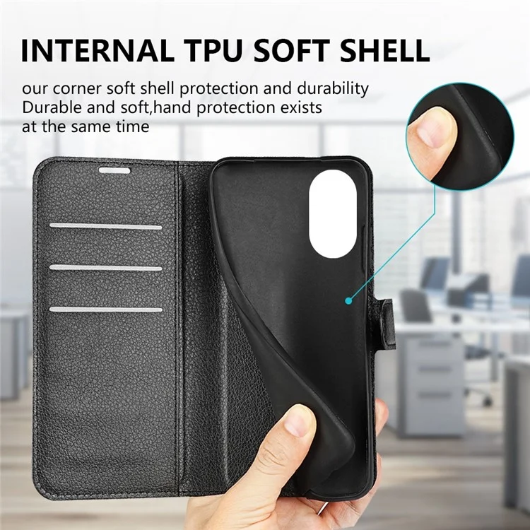 Pour Oppo A17 4G / A17k 4G PU cuir debout portefeuille téléphone portable couverture flip anti-poussière texture de litchi cas de téléphone - Noir