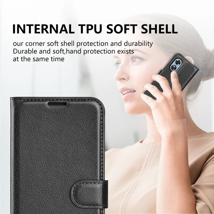 Pour Oppo A17 4G / A17k 4G PU cuir debout portefeuille téléphone portable couverture flip anti-poussière texture de litchi cas de téléphone - Noir
