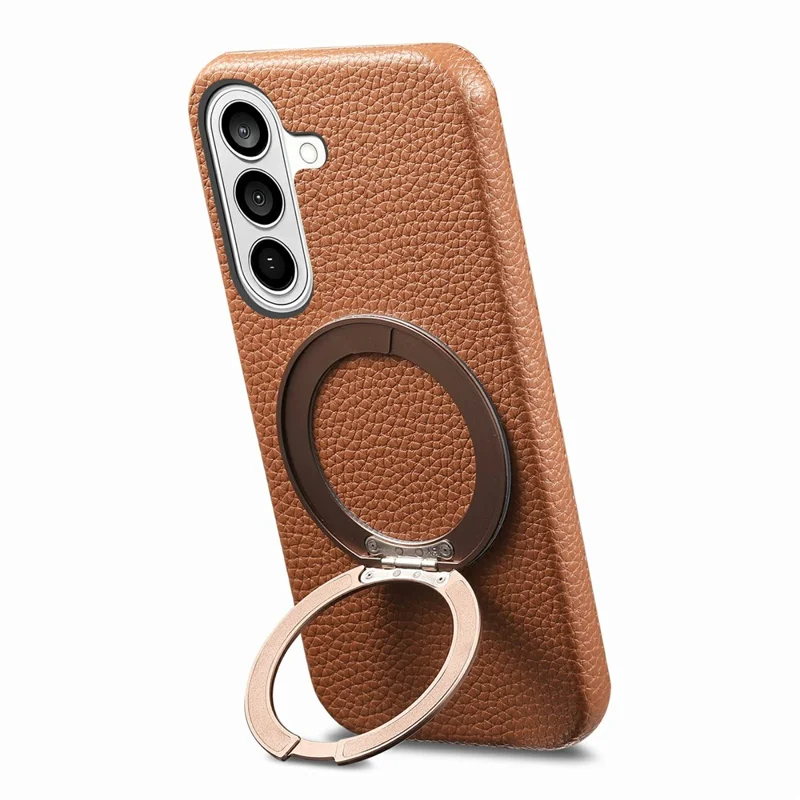For Samsung Galaxy S26 Magnetic Case PC PU Phone Cover with 360 Rotating Ring Kickstand - Brown