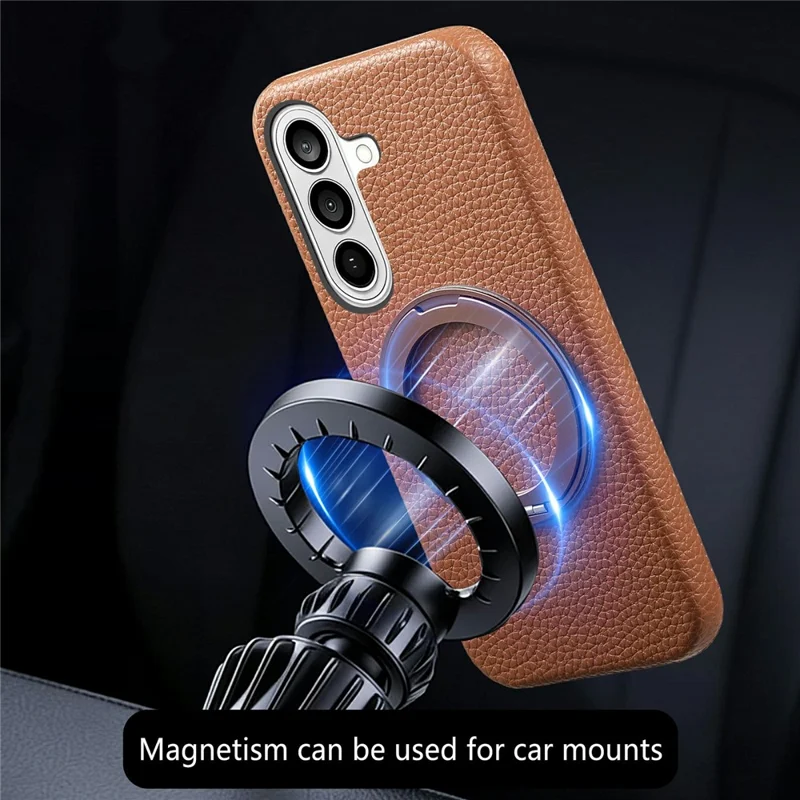 For Samsung Galaxy S26 Magnetic Case PC PU Phone Cover with 360 Rotating Ring Kickstand - Brown