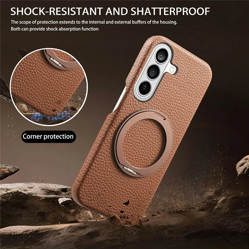 For Samsung Galaxy S25 Magnetic Case PC PU Phone Cover with 360 Rotating Ring Kickstand - Brown