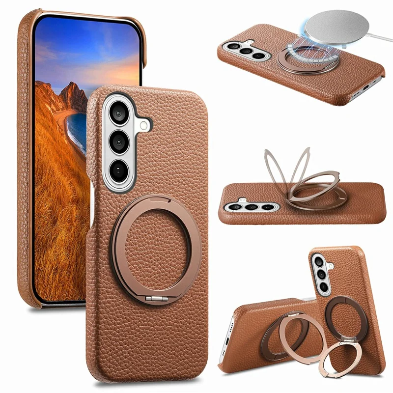 For Samsung Galaxy S25+ Magnetic Case PC PU Phone Cover with 360 Rotating Ring Kickstand - Brown