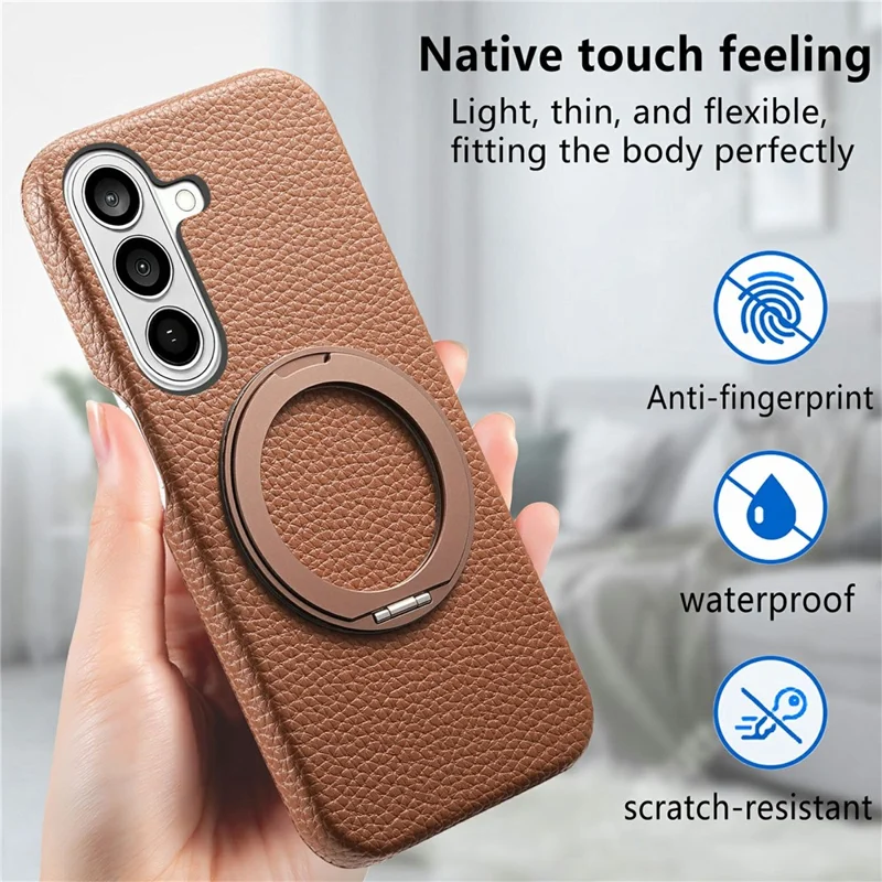 For Samsung Galaxy S25+ Magnetic Case PC PU Phone Cover with 360 Rotating Ring Kickstand - Brown