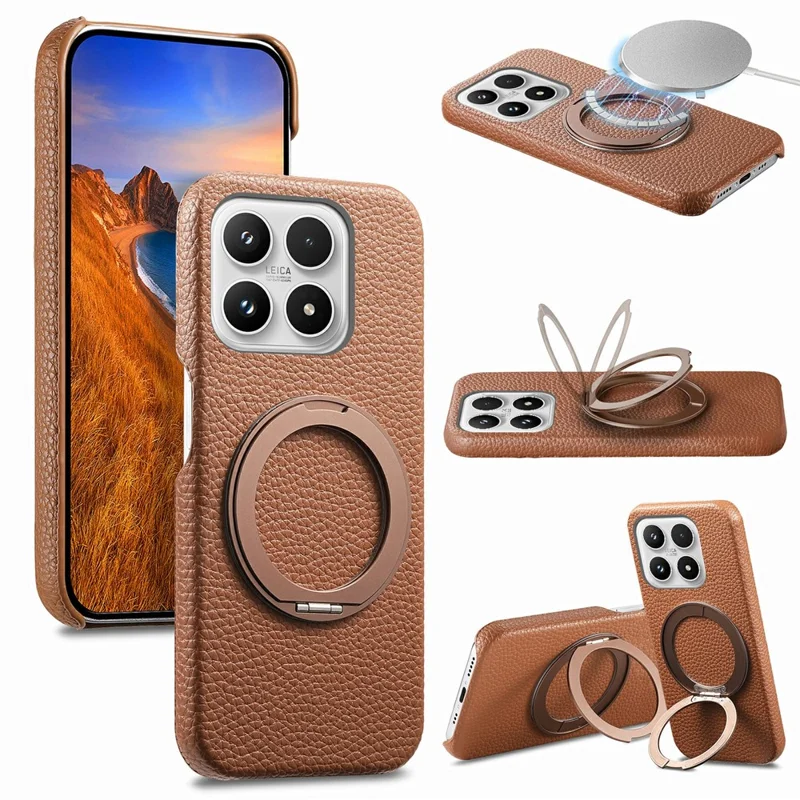 For Xiaomi 17 Magnetic Case PC PU Phone Cover with 360 Rotating Ring Kickstand - Brown