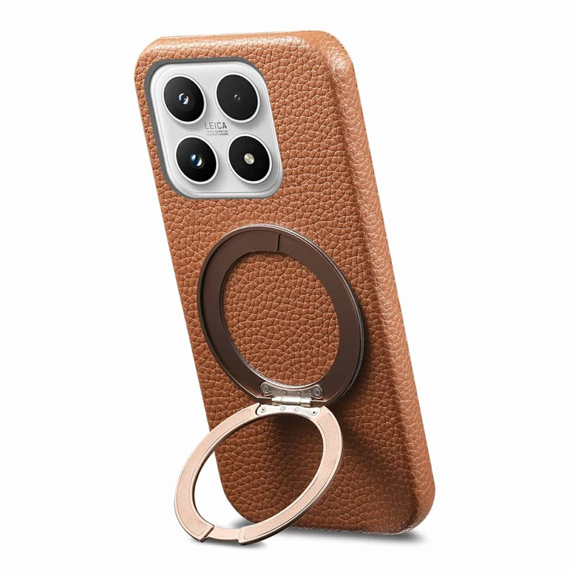 For Xiaomi 17 Magnetic Case PC PU Phone Cover with 360 Rotating Ring Kickstand - Brown