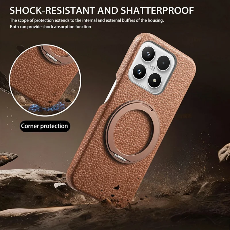 For Xiaomi 17 Magnetic Case PC PU Phone Cover with 360 Rotating Ring Kickstand - Brown