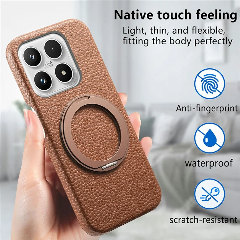 For Xiaomi 17 Magnetic Case PC PU Phone Cover with 360 Rotating Ring Kickstand - Brown