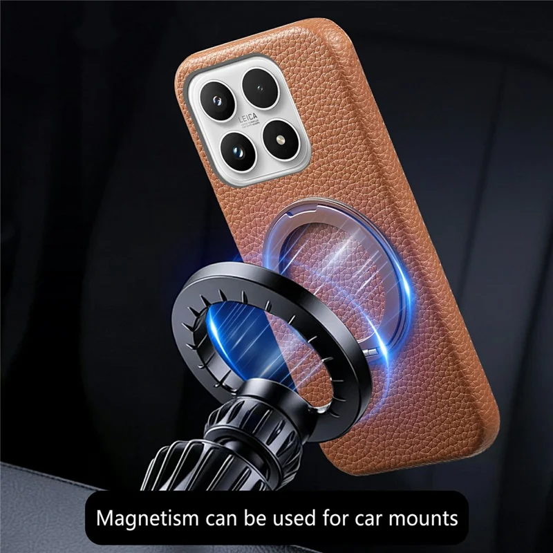 For Xiaomi 17 Magnetic Case PC PU Phone Cover with 360 Rotating Ring Kickstand - Brown