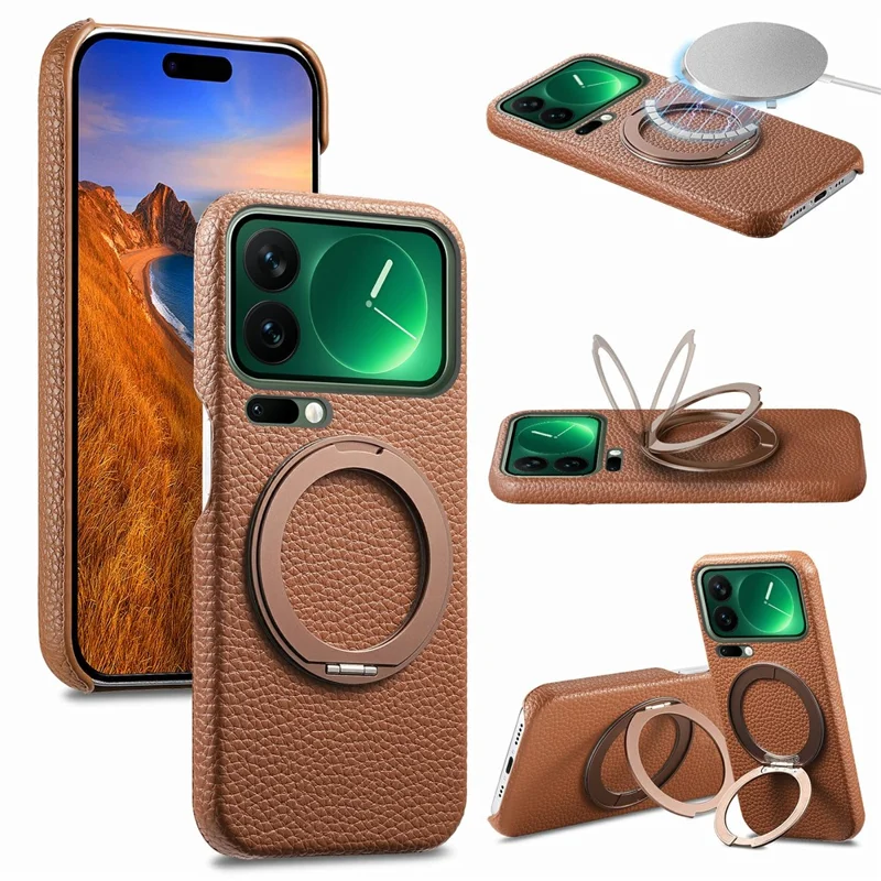For Xiaomi 17 Pro Max Magnetic Case PC PU Phone Cover with 360 Rotating Ring Kickstand - Brown
