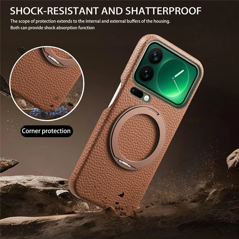 For Xiaomi 17 Pro Max Magnetic Case PC PU Phone Cover with 360 Rotating Ring Kickstand - Brown