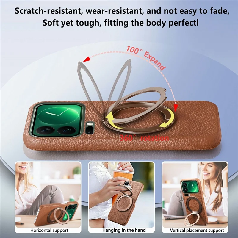 For Xiaomi 17 Pro Max Magnetic Case PC PU Phone Cover with 360 Rotating Ring Kickstand - Brown