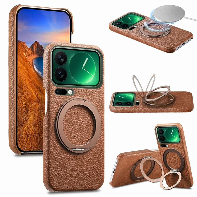 For Xiaomi 17 Pro Magnetic Case PC PU Phone Cover with 360 Rotating Ring Kickstand - Brown
