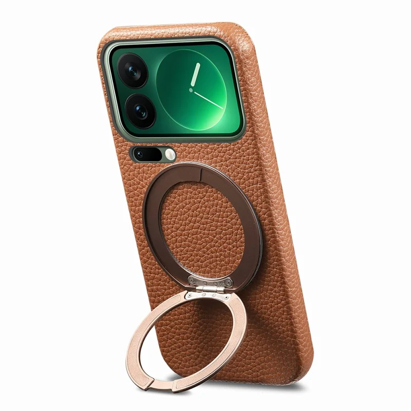 For Xiaomi 17 Pro Magnetic Case PC PU Phone Cover with 360 Rotating Ring Kickstand - Brown