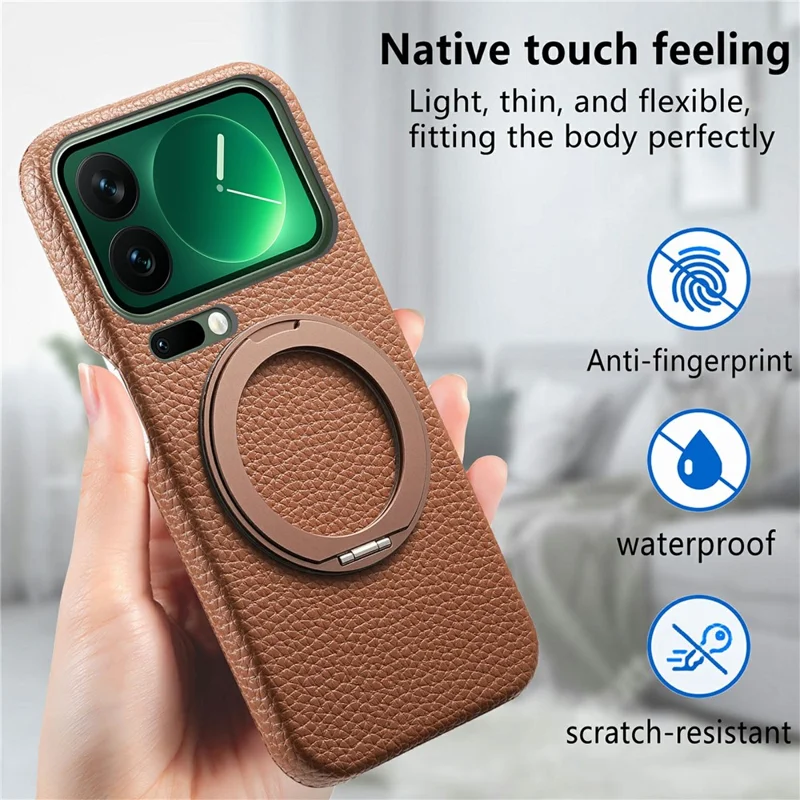 For Xiaomi 17 Pro Magnetic Case PC PU Phone Cover with 360 Rotating Ring Kickstand - Brown
