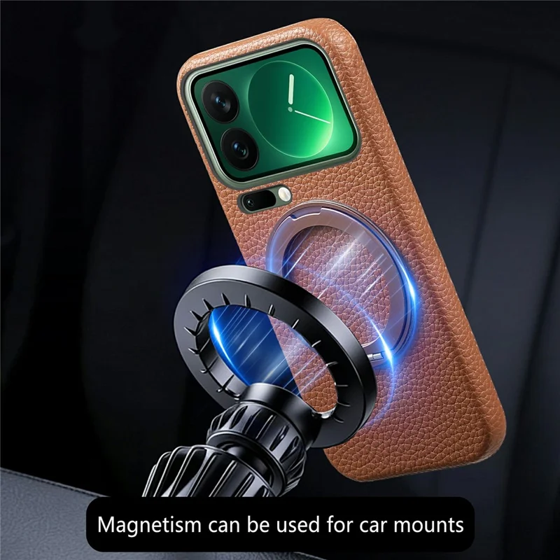 For Xiaomi 17 Pro Magnetic Case PC PU Phone Cover with 360 Rotating Ring Kickstand - Brown
