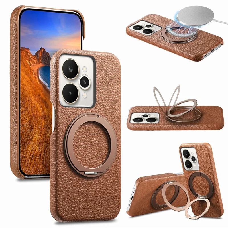 For Realme 15 Pro 5G Magnetic Case PC PU Phone Cover with 360 Rotating Ring Kickstand - Brown