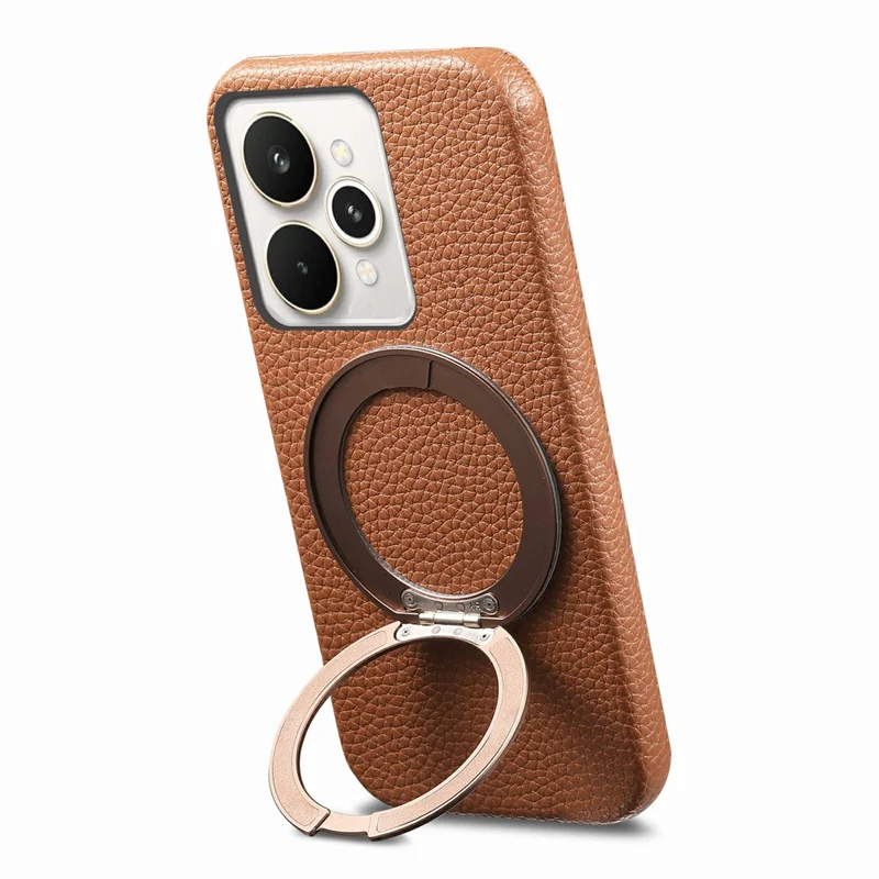 For Realme 15 Pro 5G Magnetic Case PC PU Phone Cover with 360 Rotating Ring Kickstand - Brown